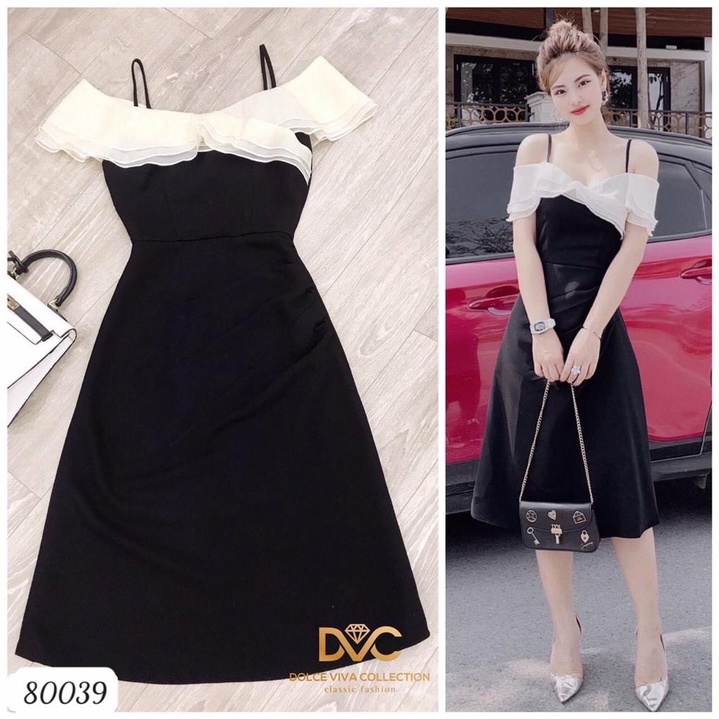 Đầm váy dây nữ vai hở dự tiệc dạo phố màu đen sang trọng tiểu thư