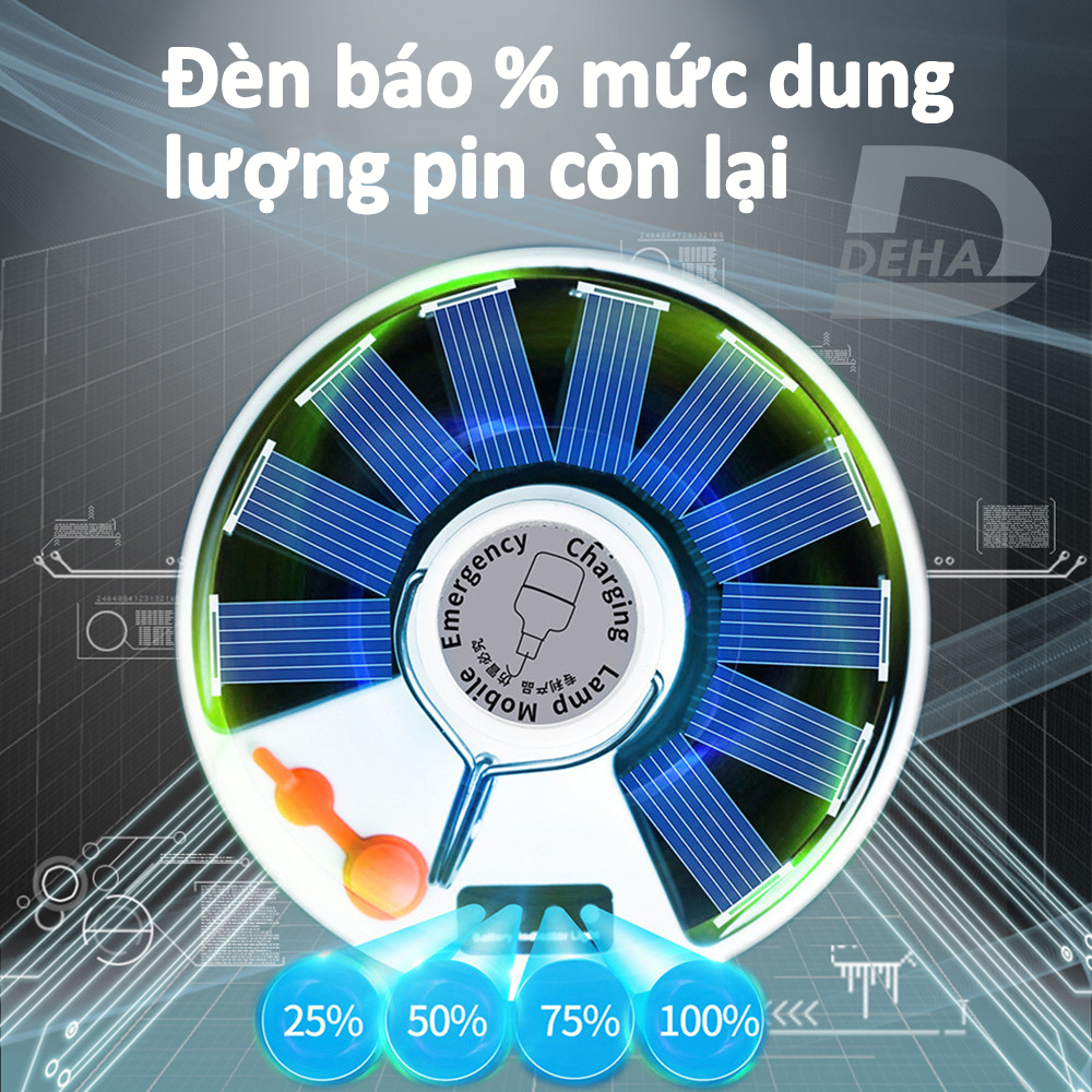 Bóng đèn Led sạc tích điện năng lượng mặt trời có móc treo, pin sạc dung lượng lớn, không cần dây điện, bulb chống nước, 100/150W chiếu sáng du lịch, cắm trại camping, quầy hàng, câu cá, sửa xe - Chính hãng DEHA