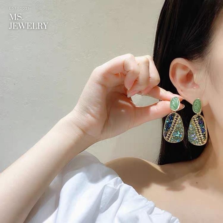 Khuyên Tai Bạc S925 Ms Jewelry Handmade Thủ Công Phong Cách Thời Trang Hiện Đại Style Hàn Quốc Màu Xanh