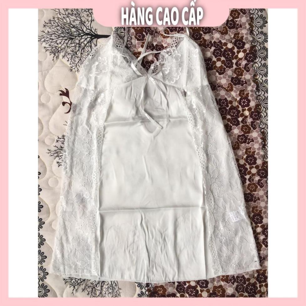 Váy ngủ lụa hai dây phối ren hông gợi cảm màu trắng kèm hình thật shop chụp  *