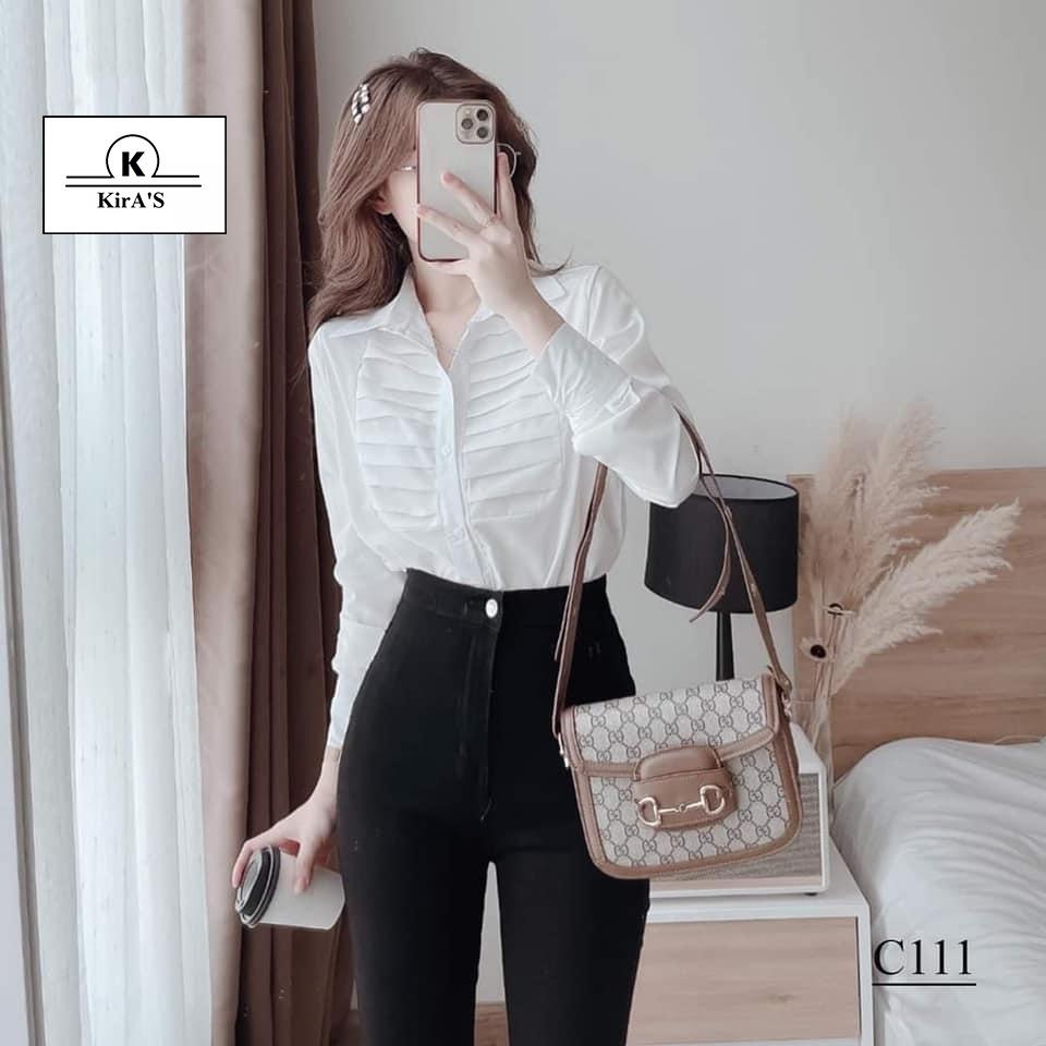 Áo sơ mi nữ trắng dài tay , chất lụa mềm mịn , thiết kế xếp li nhiều lớp ở phần ngực cực xinh AM11