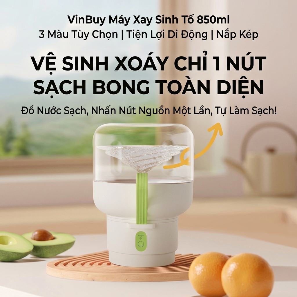 Máy Xay Sinh Tố Cầm Tay VinBuy 850ml - 12 Lưỡi Dao Inox 304, Xay Khỏe, Pin Siêu Lâu, Sạc Type-C, Bảo Hành 12 tháng Hàng chính hãng