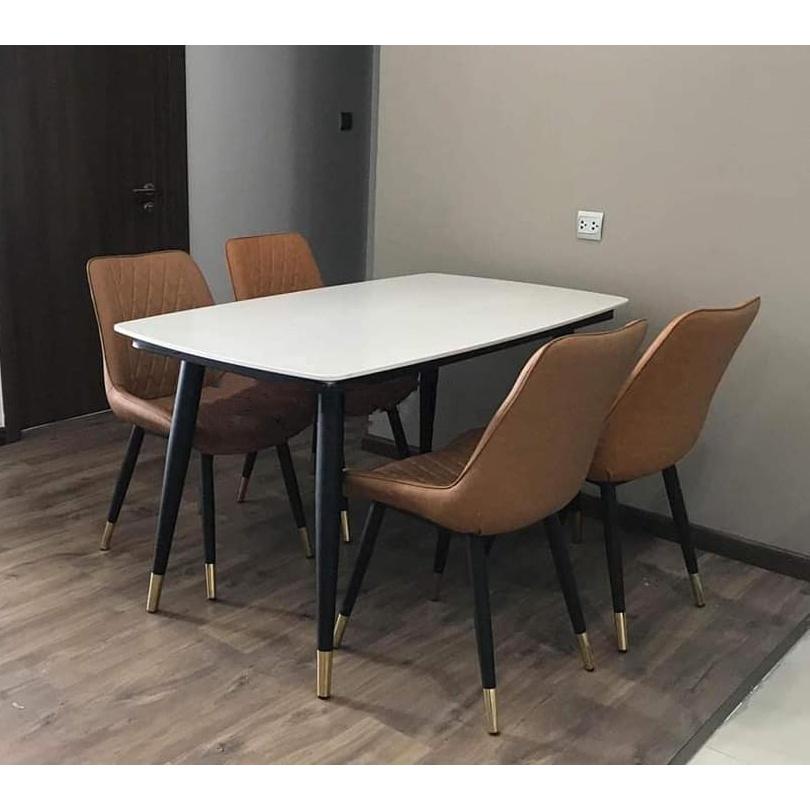 Bộ bàn ăn chân trụ 1m4 + 4 ghế Loft trám mặt bàn đá ceramic  Thương hiệu Nội Thất Bình Long