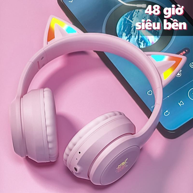 ONIKUMA B90 Tai nghe chụp tai không dây Bluetooth 5.0 tai mèo màu hồng nữ tính dễ thương Đèn RGB