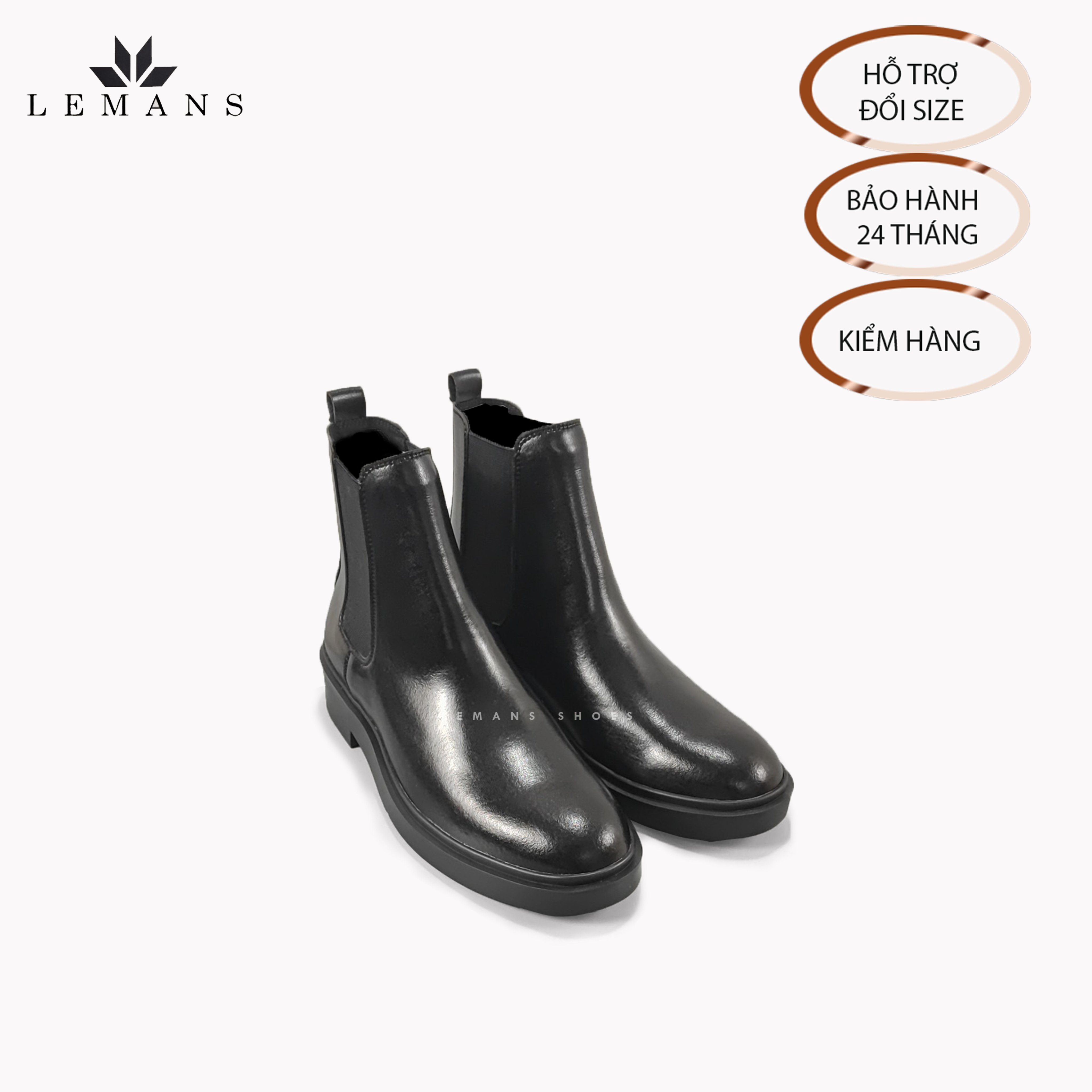 Giày da bò Chelsea Boots Black LEMANS CB66, đế lemans cao 4cm, boot nam chelsea boot nam, bảo hành 24 tháng