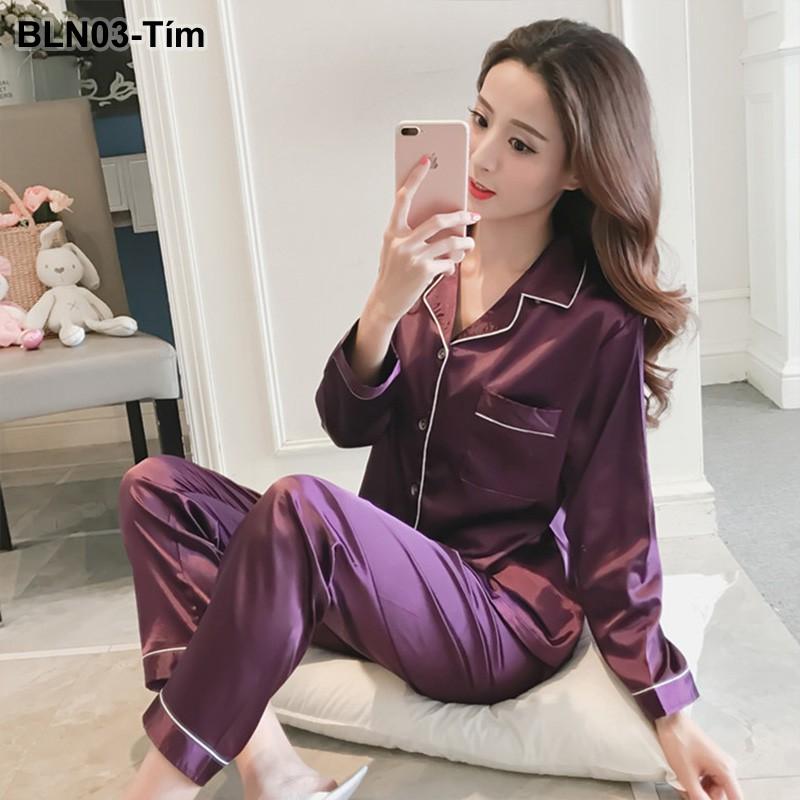 Bộ đồ ngủ lụa mặc nhà pijama trơn dài tay - BLN03