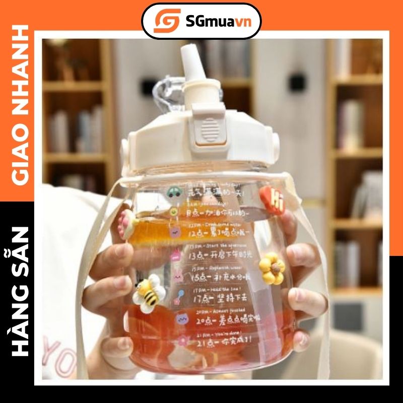 Bình nước 1.3l, bình nước thể thao nhựa trong suốt đủ màu dán sticker