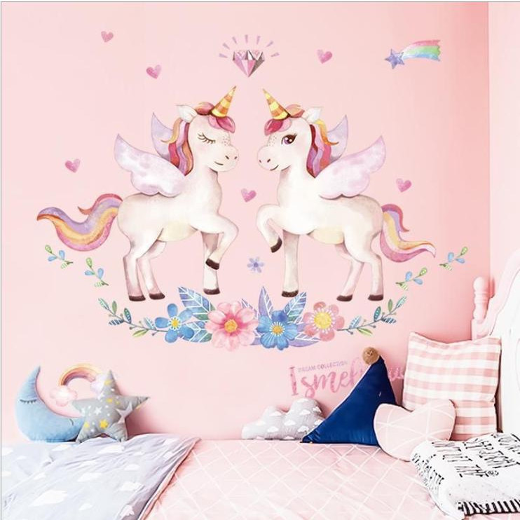 Decal dán tường phòng bé gái dễ thương - decal kỳ lân màu hồng