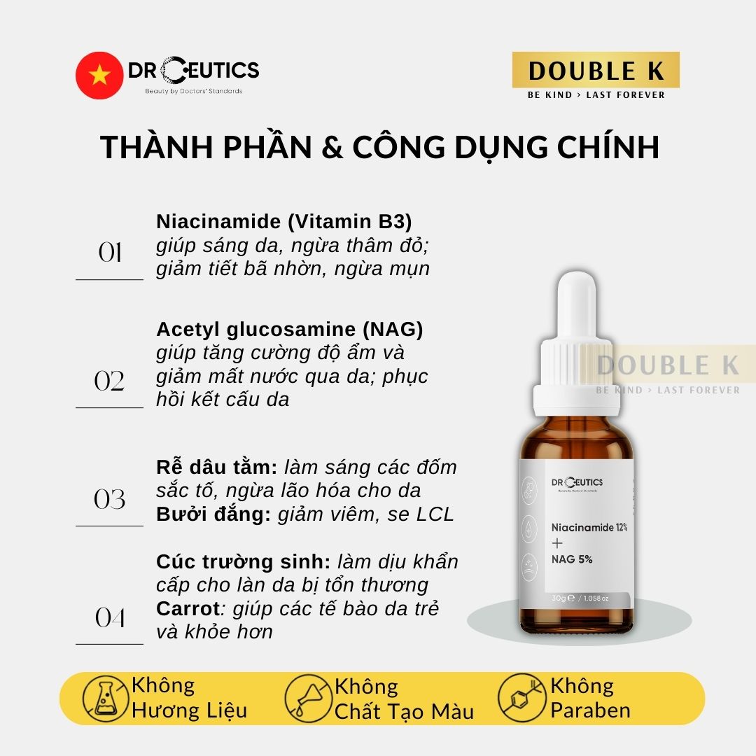 DrCeutics Niacinamide 12% + NAG 5% - Serum Sáng Da, Mờ Thâm Mụn, Se Nhỏ Lỗ Chân Lông - Double K