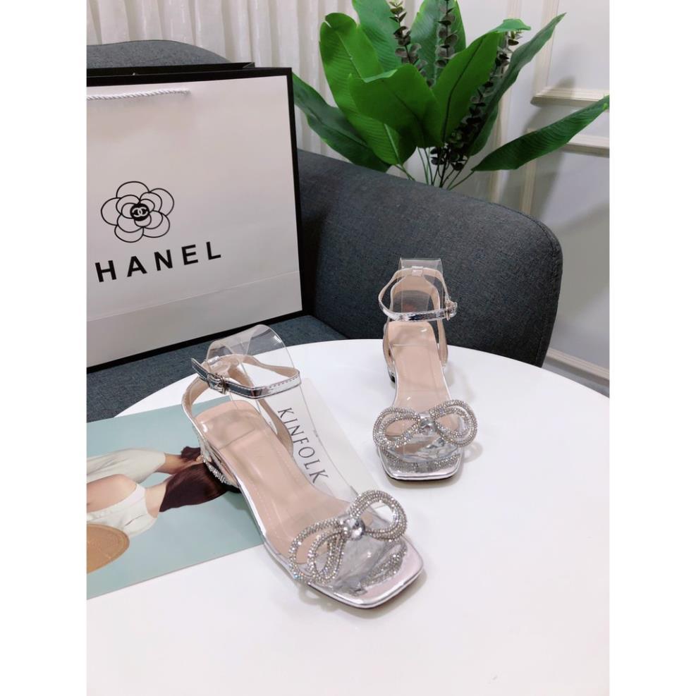 Sandal gót vuông đá 3P quai trong nơ đá - Sandal gót vuông 3P Chile