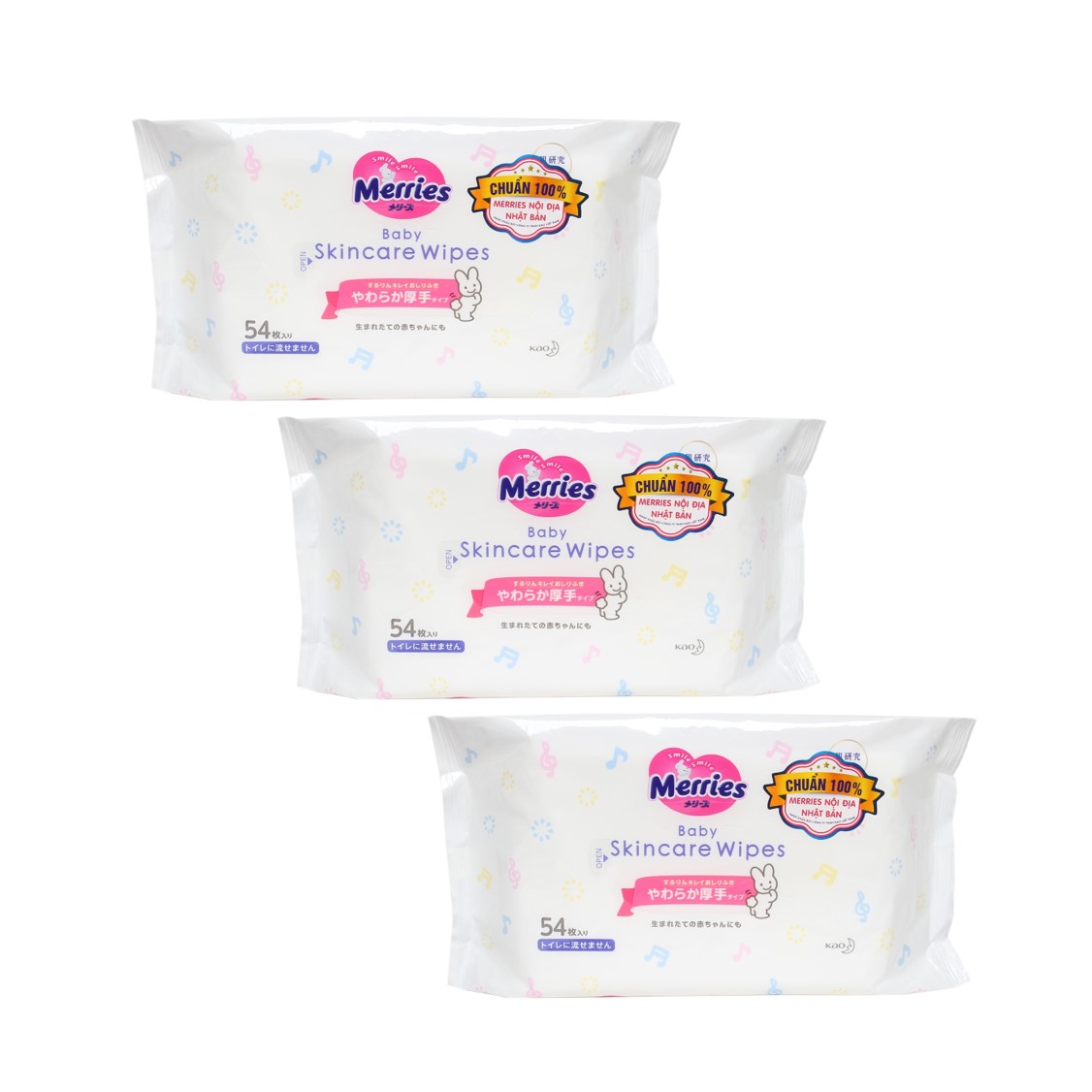 Combo 3 Gói Khăn Giấy Ướt Merries Baby Skincare Wipes (54 miếng/gói x 3)