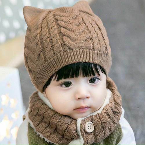 (103) Mũ len, Nón len cho bé có kèm khăn quàng cài cúc- dùng cho cả bé trai và bé gái từ 6Tháng - 4 tuổi