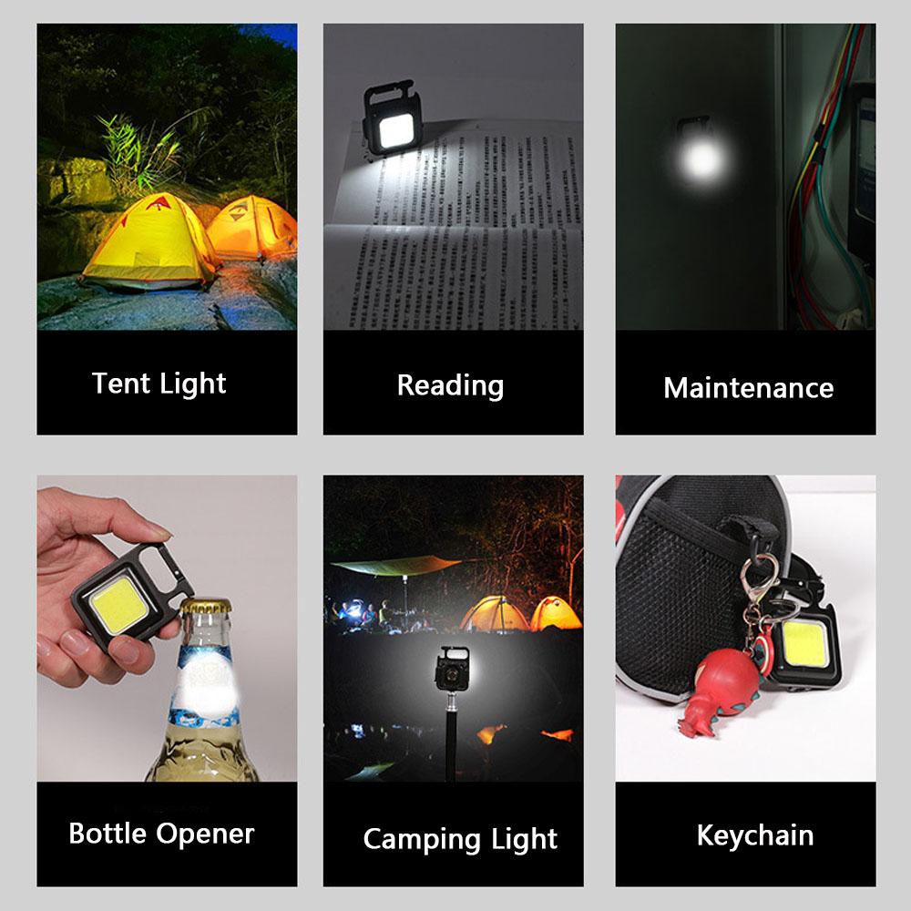 Mini LED Flashlight Portable Emergency Light USB Keychain Light COB Working Lamp with 4 Lights Bottle Opener Magnet Base