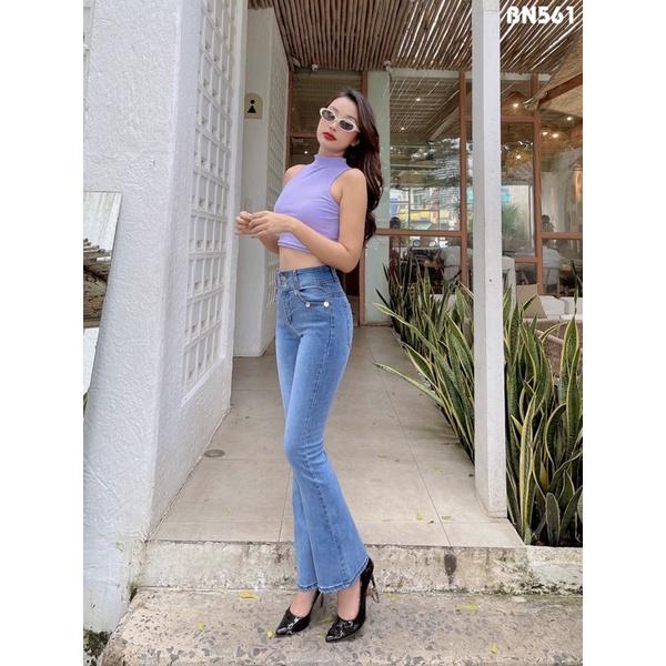 Quần jeans Nữ Lưng Cao Co Giãn Túi Phối Nút Thời Trang