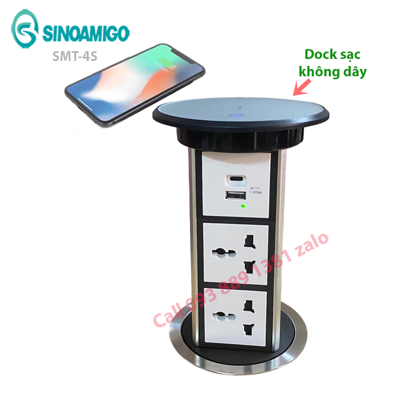 Ổ điện âm bàn đảo Sinoamigo SMT-4 màu bạc, đóng mở tự động, có sạc điện thoại không dây - Hàng nhập khẩu chính hãng