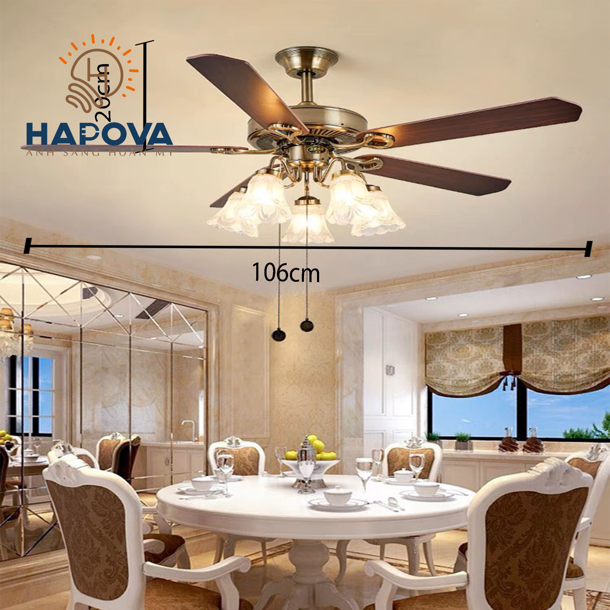 Quạt trần đèn, quạt trần có đèn led 5 cánh HAPOVA LINBA 8095 + Tăng kèm bóng led AS Vàng hàng chính hãng