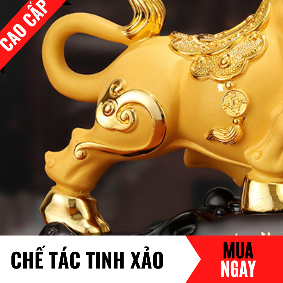 Tượng Trâu Con Giáp Tài Lộc Bằng Vàng Cát Mỹ Nghệ Cao 36cm