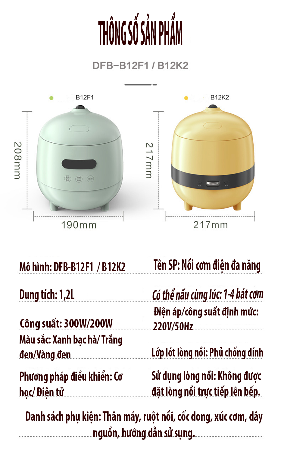 Nồi cơm điện mini đa năng DFB-B12F1 nấu mỳ, cháo, canh, súp,.... có hẹn giờ phục vụ 1-2 người ăn tặng ổ cắm 3 chấu