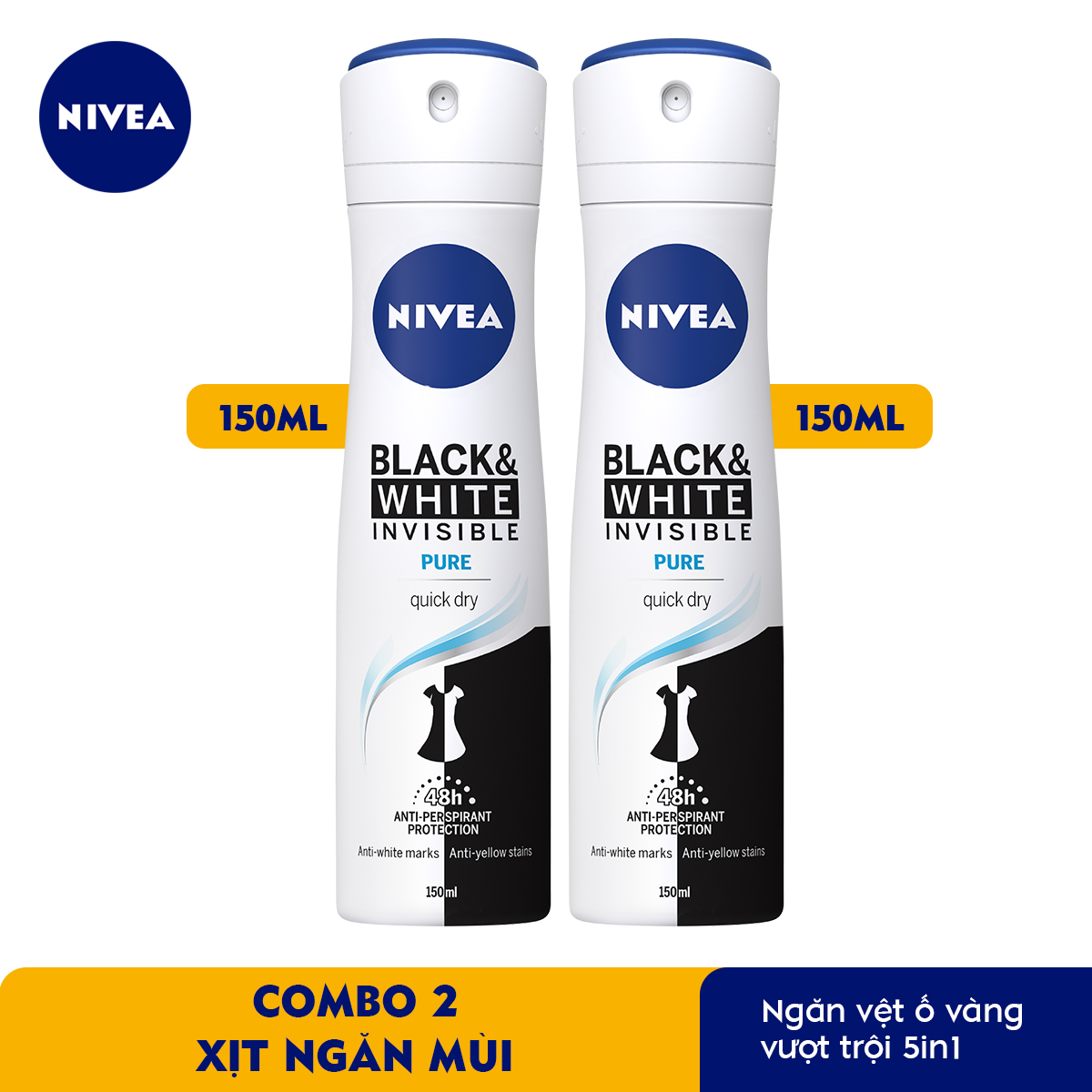 Combo 2 Xịt Ngăn Mùi NIVEA Black &amp; White Ngăn Vệt Ố Vàng Vượt Trội 5in1 (150ml) - 82230