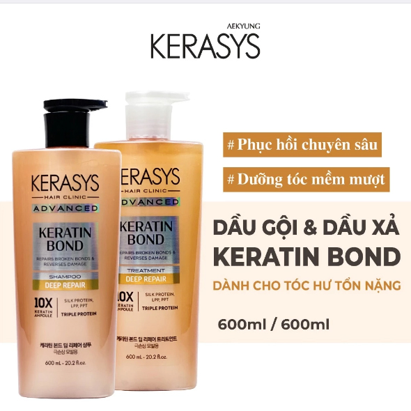 Dầu gội xả Hàn Quốc Kerasys Keratin Bond Shampoo phục hồi chuyên sâu cho tóc hư tổn, làm phồng và ngăn rụng tóc 600ml