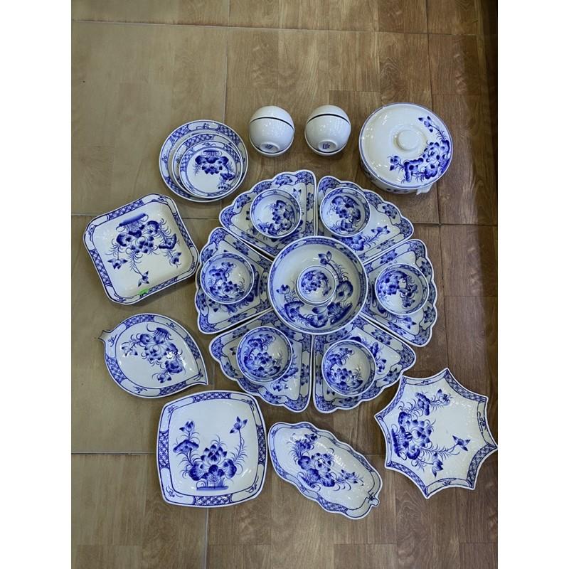 Set bát đĩa hoa mặt trời men lam 30-34 món. Gốm sứ Bát Tràng cao cấp.