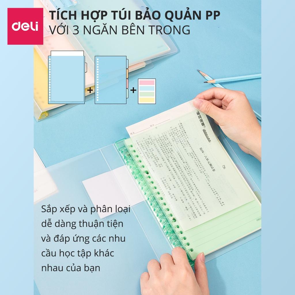 Combo sổ còng sắt và lõi giấy A5 Deli file nhựa có kèm dây rút- 240 trang - 120 tờ - Lõi ô vuông/kẻ ngang