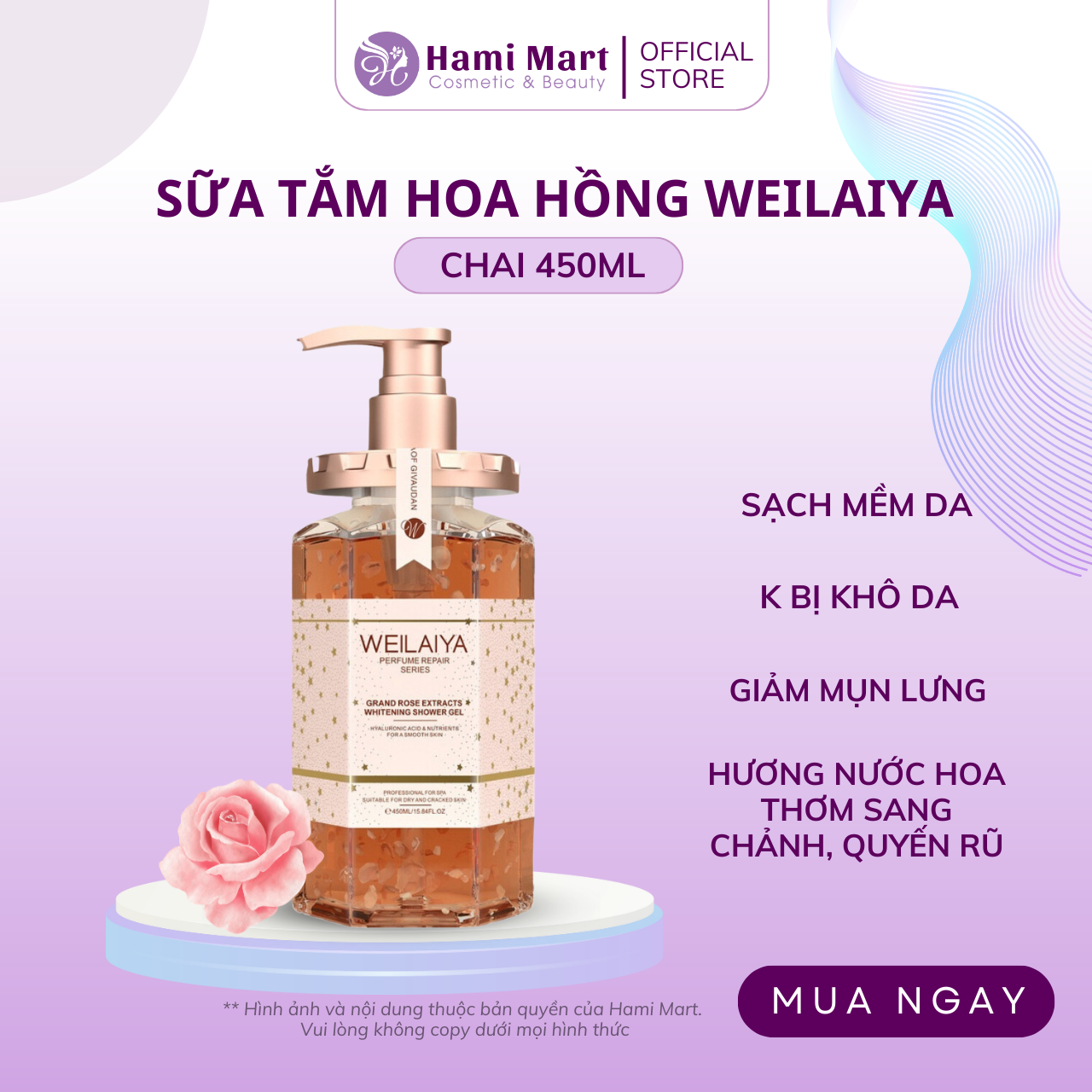 Sữa tắm trắng da chiết xuất cánh hoa hồng Damask Weilaiya Grand Rose Extracts Whitening Shower Gel chai 450ml