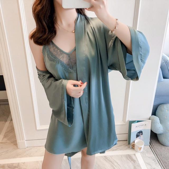 Combo Váy ngủ sexy lụa satin kèm choàng ( 45-55 kg)