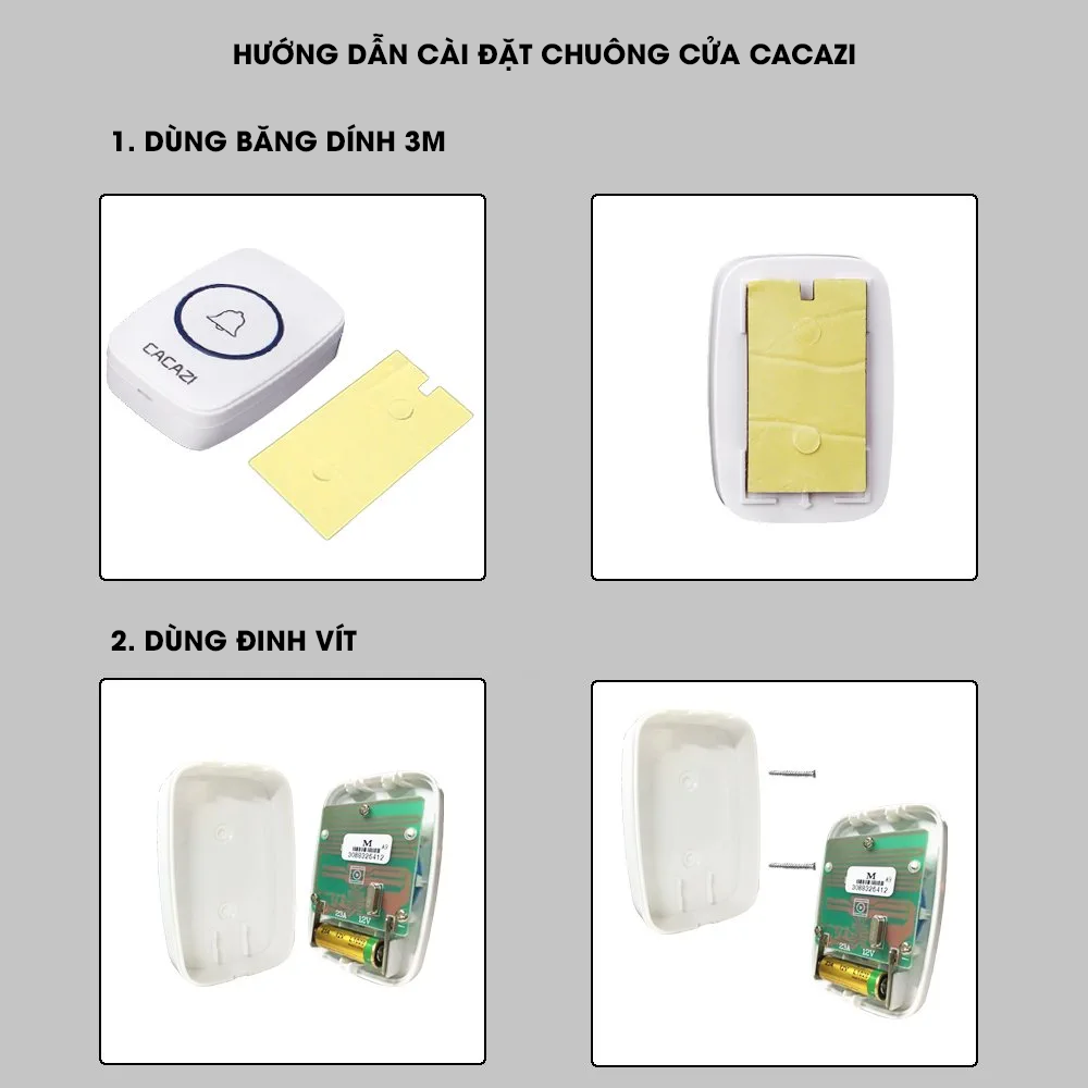 Chuông cửa không dây CACAZI khoảng cách sử dụng trong 300M, 3 mức âm lượng, 58 nhạc chuông, đèn flash Led - CA02