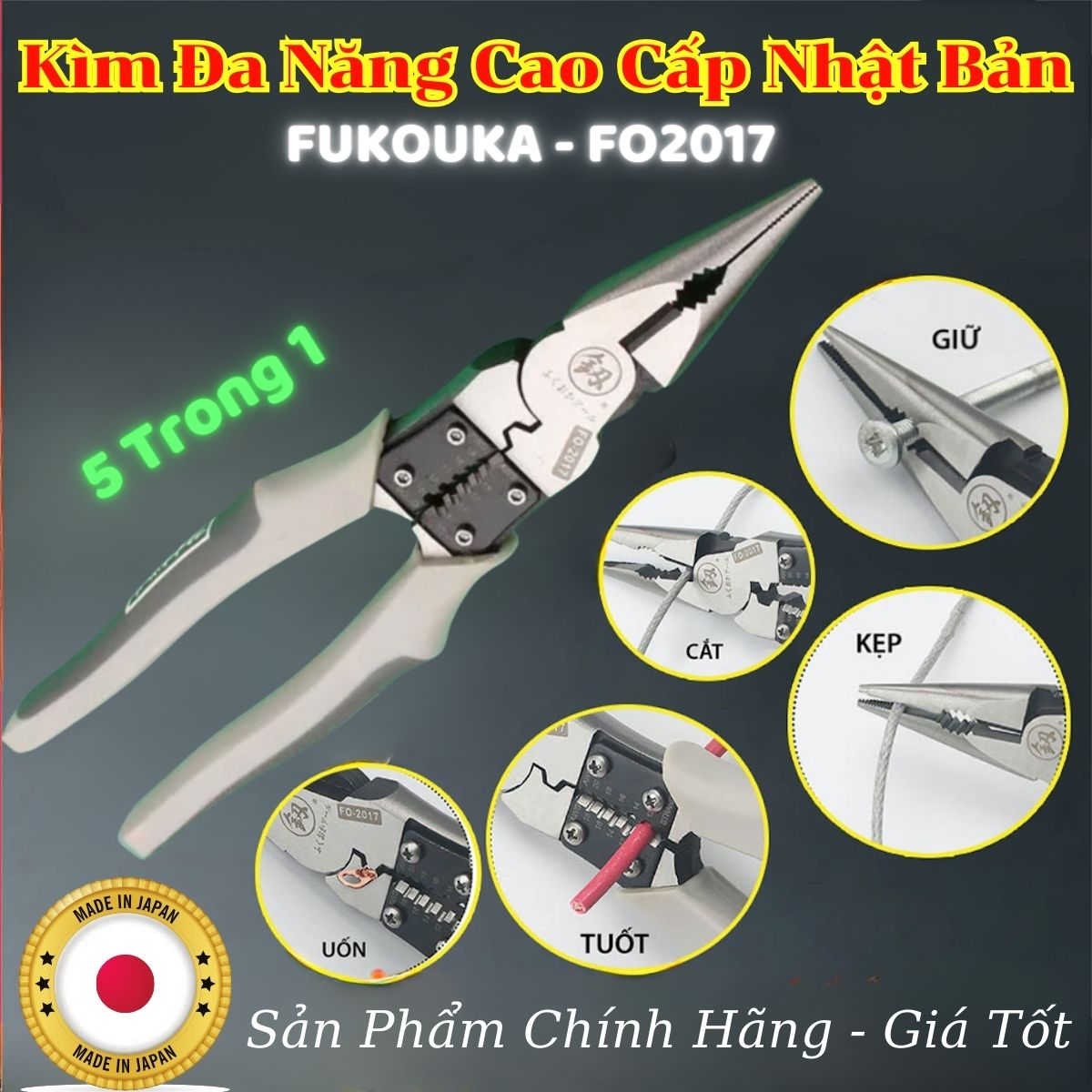 Kềm nhọn, Kìm điện đa năng cao cấp Nhật Bản 5 trong 1 FUKOUKA FO-2017 8inch/220mm (Kẹp-Cắt-Uốn-Cuộn-Tuốt dây) Nhập Khẩu Trực Tiếp An Toàn Dễ Sử Dụng