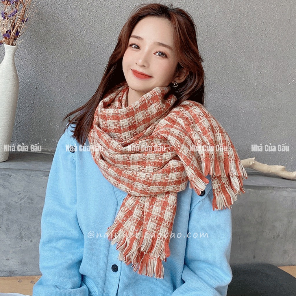 Khăn len choàng cổ cashmere kẻ sọc hàng cao cấp