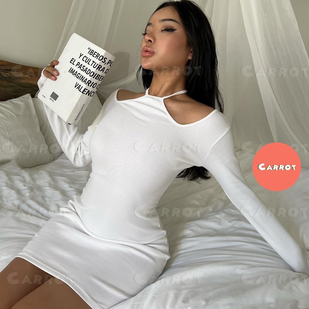 Đầm body sexy hở lưng hở eo váy ôm cổ yếm hở vai cột dây quyến rũ sang chảnh màu trắng thun gân carrotxinhdep trắng, đen
