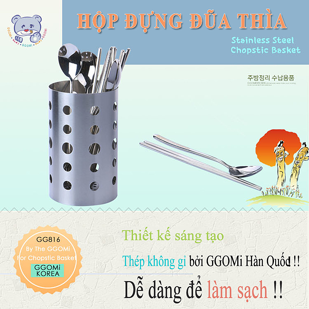 Ống cắm đũa thìa bằng inox 304, thép không gỉ, lỗ thoáng khí và thoát nước GGOMi Hàn Quốc GG816
