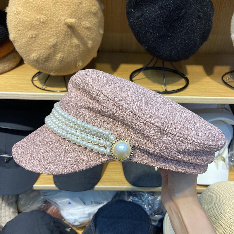 202108-m-tonbu27 Mới Thu Mùa Xuân Dây Đính Ngọc Trai Nút Nữ Giải Trí Bát Giác Nón Nữ Tấm Che Nắp