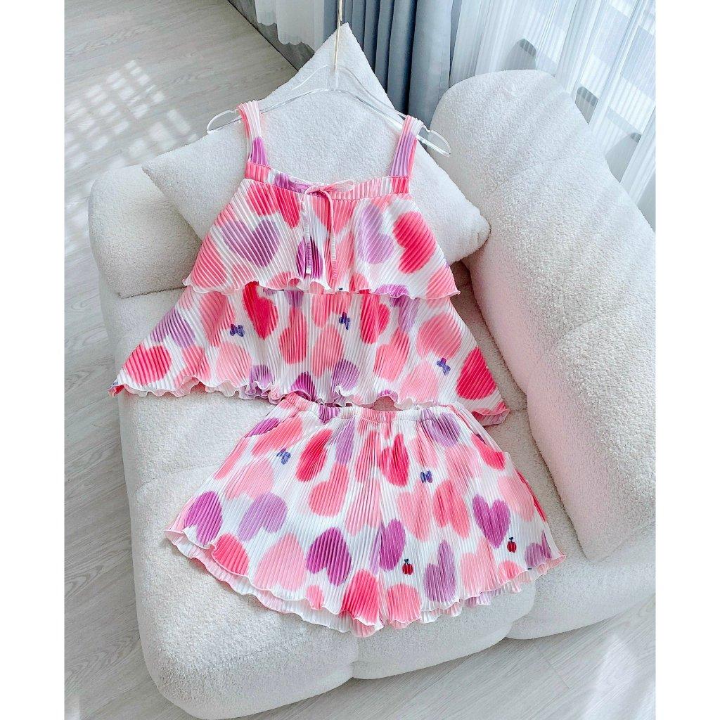 Đồ Bộ Pijama Thun Dập Ly Cao Cấp Đùi Dây 2 Tầng (hồng/tím) freesize 40-60Kg