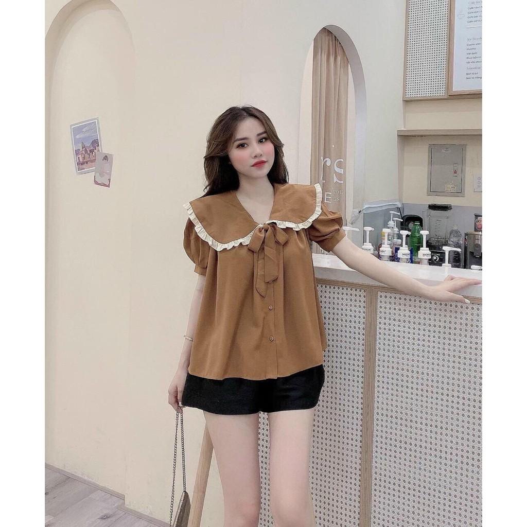 Set bộ đồ nữ cổ bèo cài nút kết nơ siêu xinh