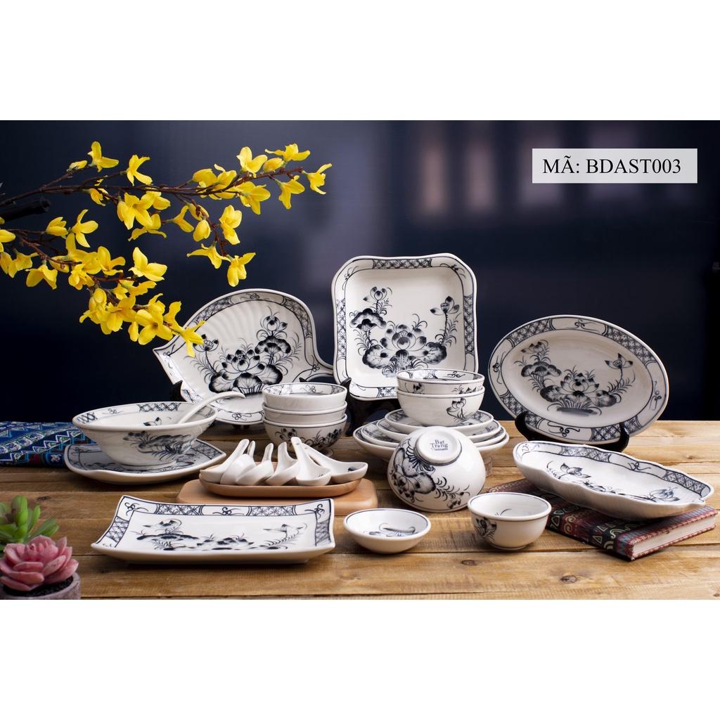 Bộ bát đĩa họa tiết hoa văn hoa SEN CÀNH XANH gốm sứ Bát Tràng