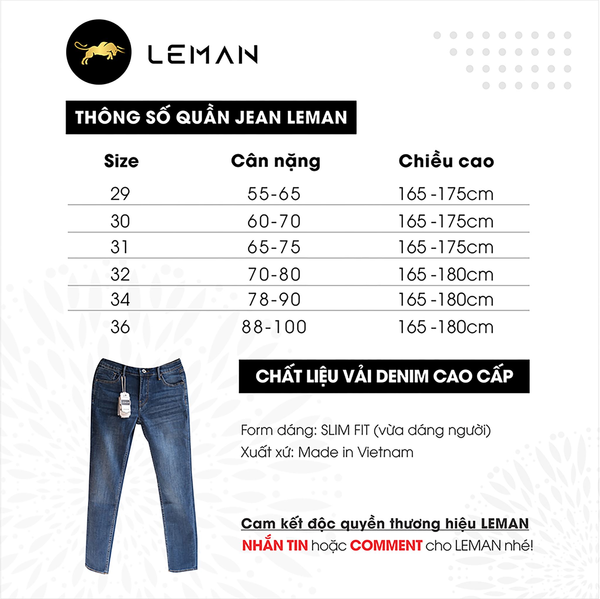 Quần Jean nam Leman xanh trơn JD08 - Slim Form