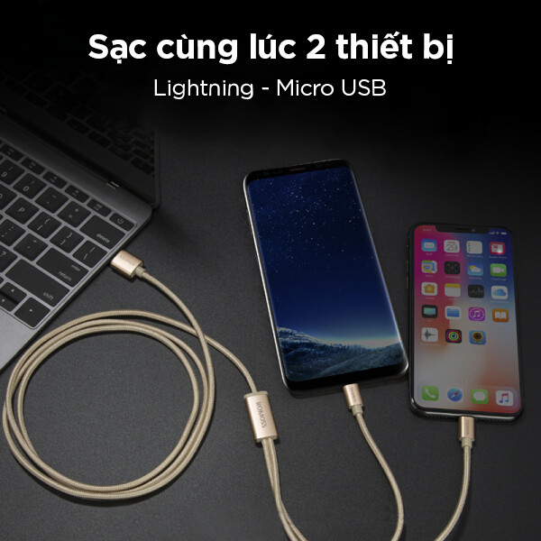 Cáp sạc nhanh Romoss CB20A 2in1 USB to Lightning / Micro USB dài 1.5m _ Hàng Chính Hãng