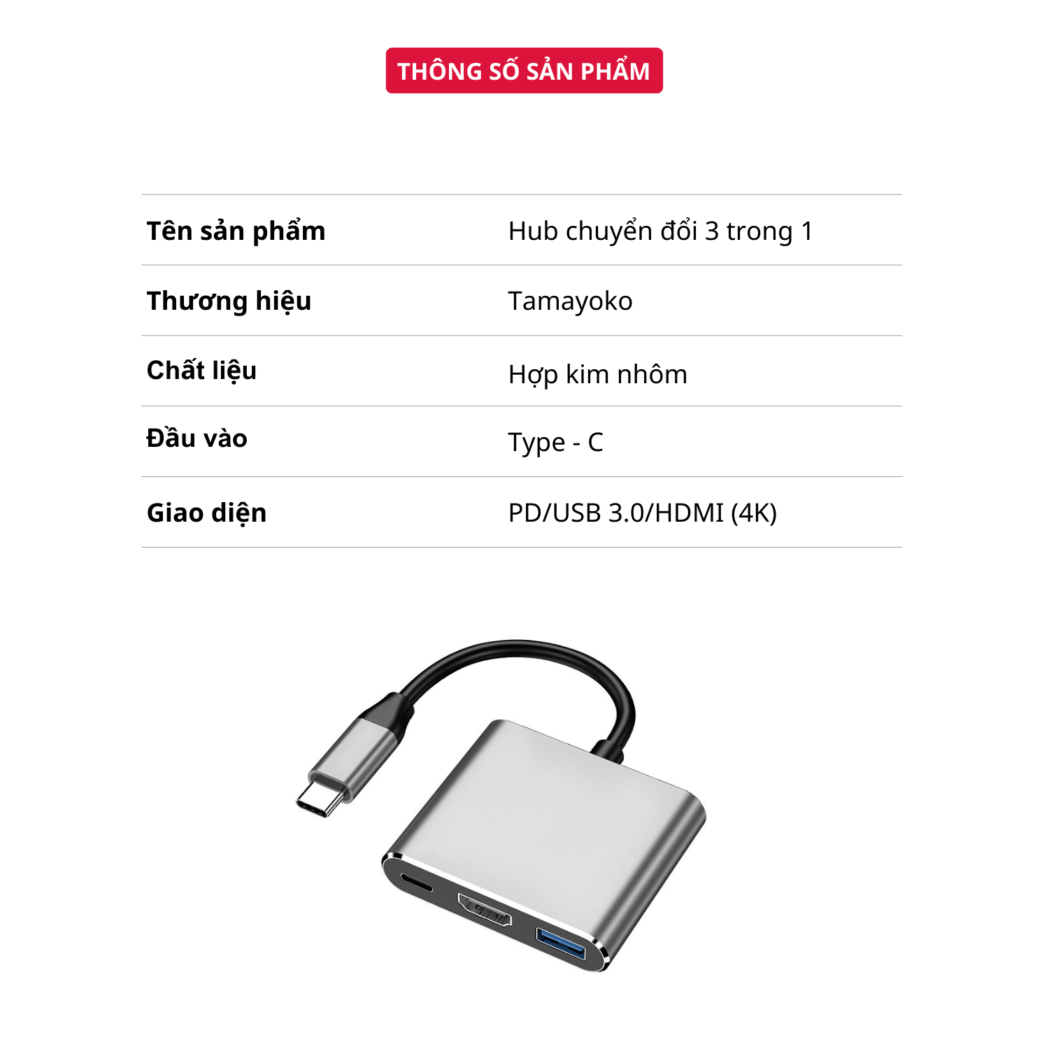 Hub Chuyển Đổi USB Type C 3 in 1 To HDMI, USB 3.0, Cổng Type C Hỗ Trợ Sạc Nhanh PD - Hàng Chính Hãng Tamayoko