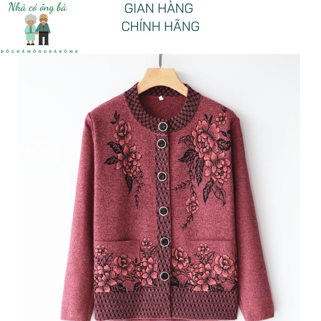 Áo len thêu hoa cardigan cho bà mùa đông, áo khoác mùa đông cho bà cho mẹ trung niên