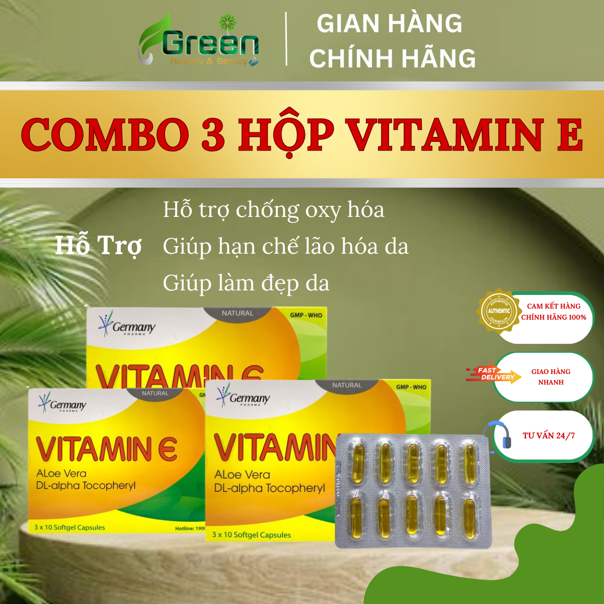 Combo 3 hộp Viên uống đẹp da VITAMIN E - Germany Pharma (Hộp 3 vỉ x 10 viên)