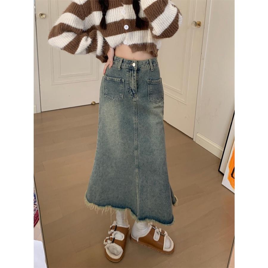 Chân váy jean đuôi cá EMIX, ulzzang, dáng dài midi, cạp cao, 2 túi trước phong cách hàn quốc 6832