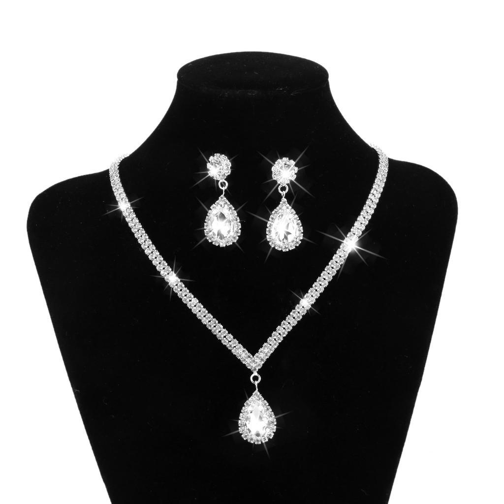 Wedding Prom Bridal Crystal Diamante Tear Drop Necklace Earrings Jewelry Set