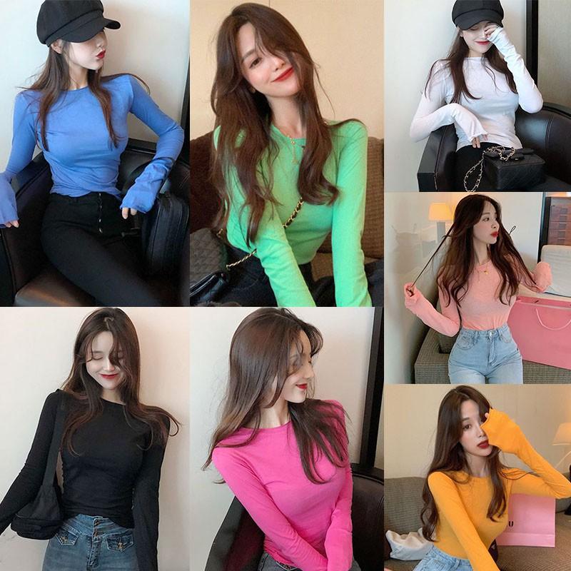 Áo thun tay dài màu trơn xinh xắn cho nữ