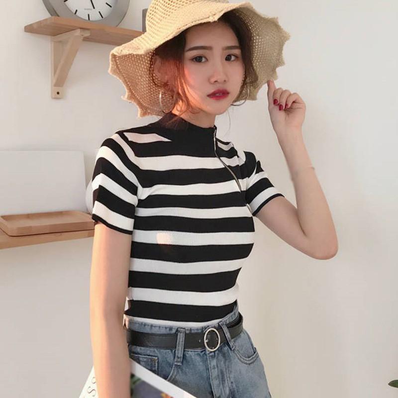 Áo Thun Ngắn Tay Kẻ Sọc Thời Trang Hàn Quốc Cho Nữ