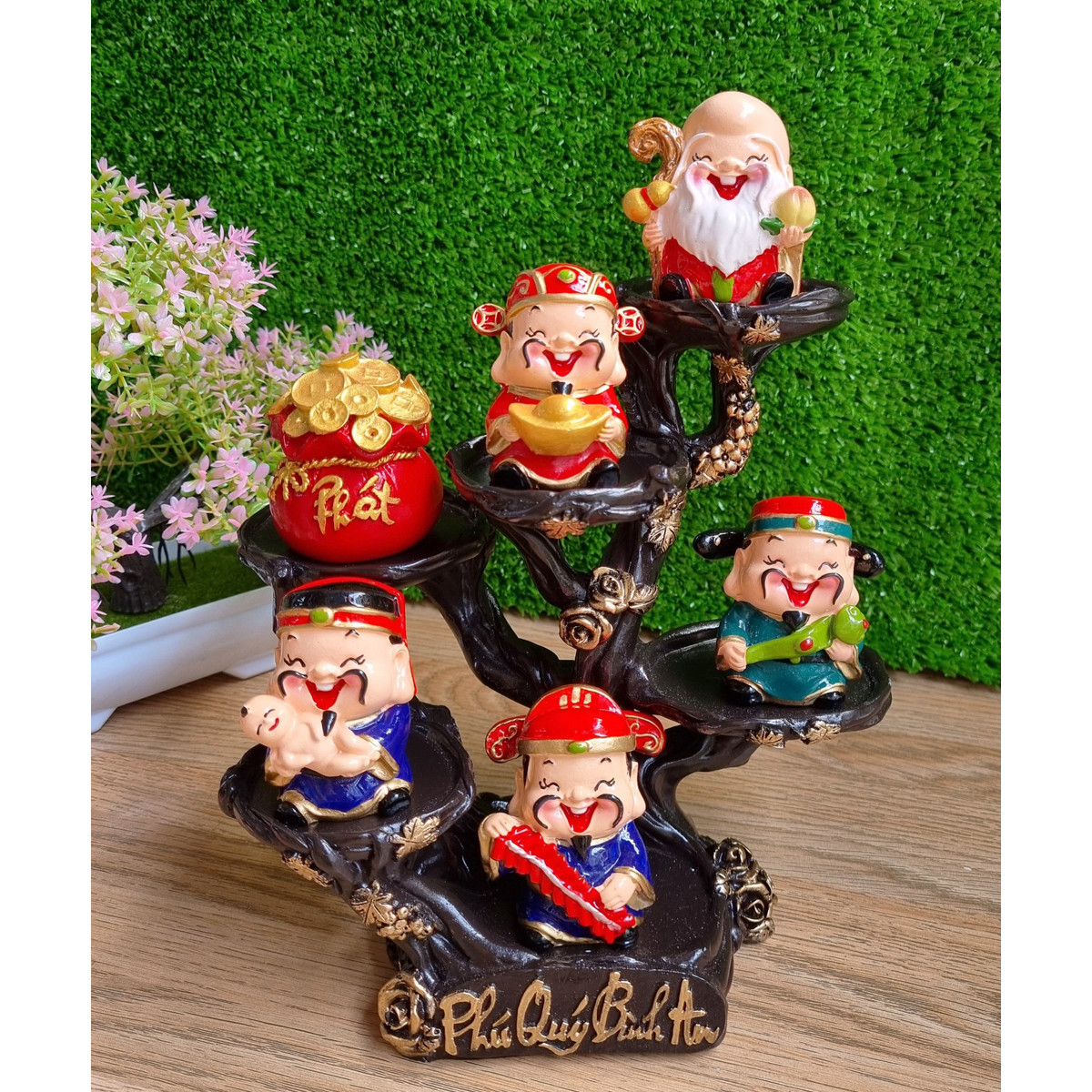 Bộ Ngũ Phúc 6cm kèm túi đỏ chữ Phát và chân đế Phú Quý Bình An
