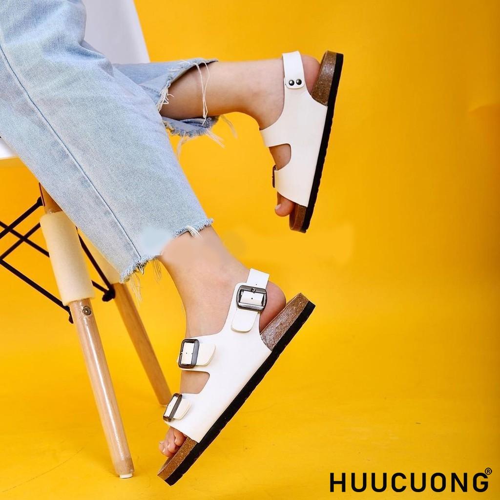 Giày Sandal nữ HuuCuong 2 khóa trắng đế trấu handmade