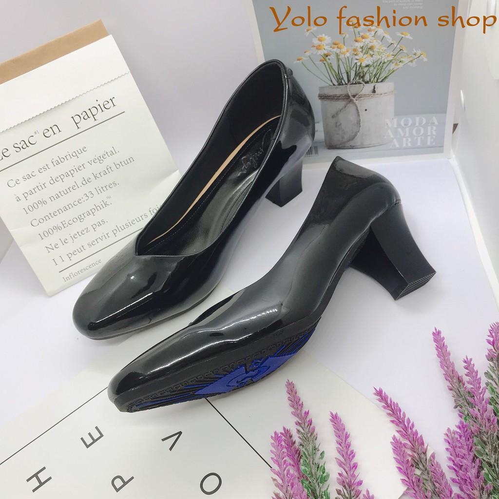 Giày cao gót nữ da bóng đế trụ mũi vuông 5cm da mềm êm chân -HC07