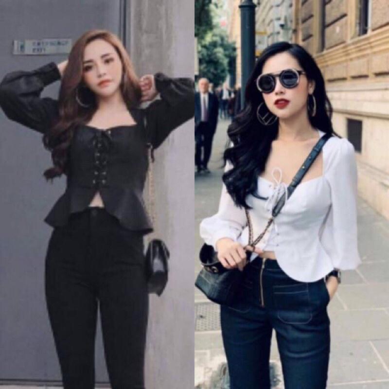 Áo croptop đan dây tay phồng dài có ảnh thật